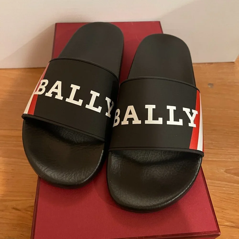 BALLY SIMON BLACK RUBBER LOGO SANDALS SLIDES SHOES - MADE IN‎ ITALY US 7